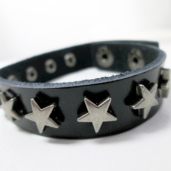 Punk rock star leather bracelet, adjustable star bracelet, leather cuff bracelet, studded star wristband, black leather star bracelet.