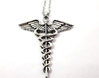 Silver medical caduceus necklace, medical symbol necklace for men or women, gift for doctor, nurse, medical staff or health science student