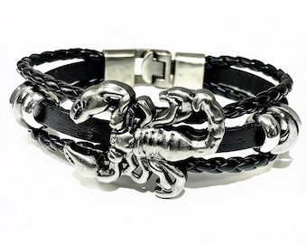 Scorpio Bracelet, Scorpio Zodiac Bracelet, Scorpio Birthday Bracelet, Punk Cool Braided Leather Bracelet, Mens Leather Bracelet Wrist Cuff.
