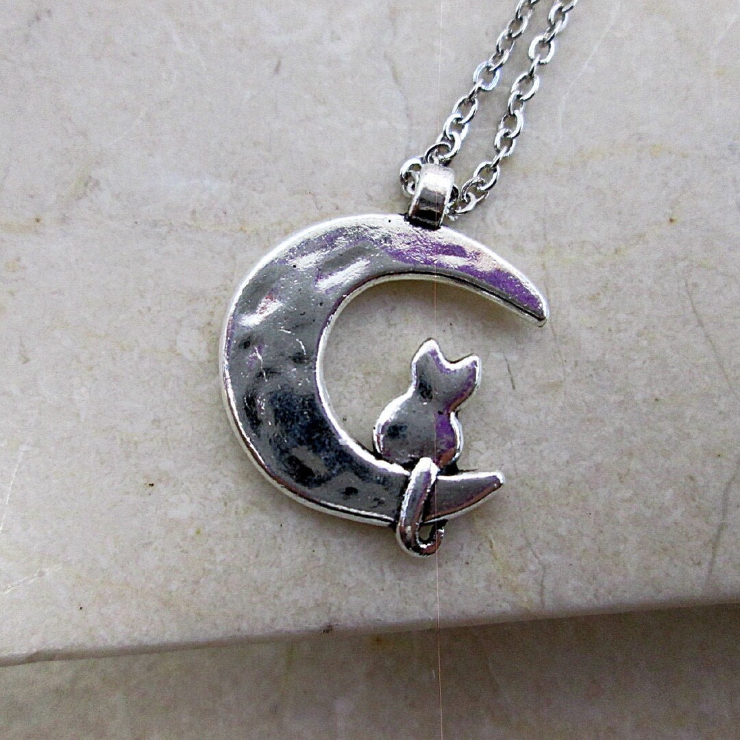 Luna Cat Necklace Crescent Moon Cat Necklace Small Silver Etsy Australia