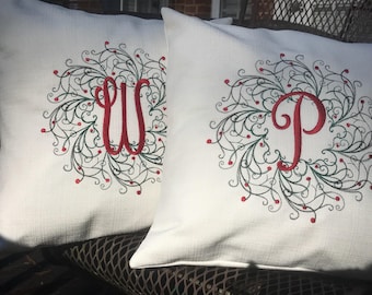 Personalized Christmas wreath throw pillow