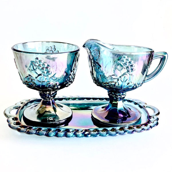 Blue Carnival Glass Sugar and Creamer Set | Indiana Glass Harvest Grape Pattern | Collectible Carnival Glass | Gifts for Her | Gifts for Mom