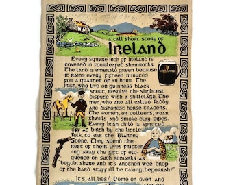 Irish Linen Tea Towel 70s | Tall Short Story of Ireland | Irish Gift | Retro Wall Hanging | Mid-Century Kitchen | Collectible Vintage Linens