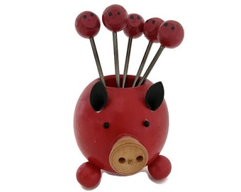 Pig Appetizer Pick Set | Hors D'oeuvre Picks | Piggy Novelty Food Picks | Farmhouse Kitchen | Kitschy Cute | Red Kitchen Decor | For Him
