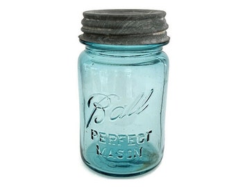 Antique Ball Perfect Mason Jar | Ball Zinc Lid with Milk Glass | Ball Blue Glass Pint Jar | Fruit Jar Collector Gift | Nostalgic Memorabilia