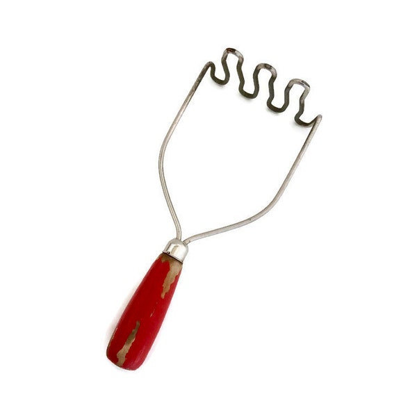 Potato Masher with Red Wood Handle 1950s | Cooking Tools | Vintage Kitchenware | Red Retro Kitchen | Usable Collectibles | Home Chef Gift