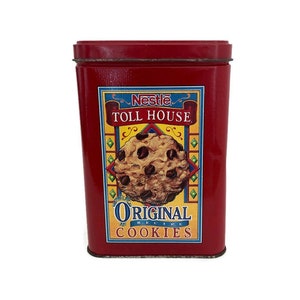 Nestle Morsels Litho Tin | Toll House Cookie Tin | Kitchen Memorabilia | Vintage Advertising | Tin Storage Canister | Red Kitchen Decor
