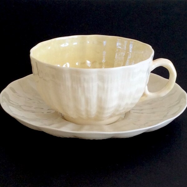 Belleek Tea Cup and Saucer in Tridacna pattern, made in Ireland 1946-1955 ~ Gift for Mom / Birthday Gift / Tea Lover Gift / Best Friend Gift