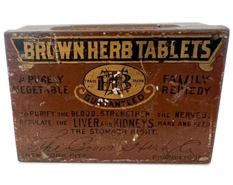 Brown Herb Tablets Litho Tin 1900s | Natural Vegetable Medicine | Brown Herb Company New York City | Antique Medicine Cabinet Tin | For Him