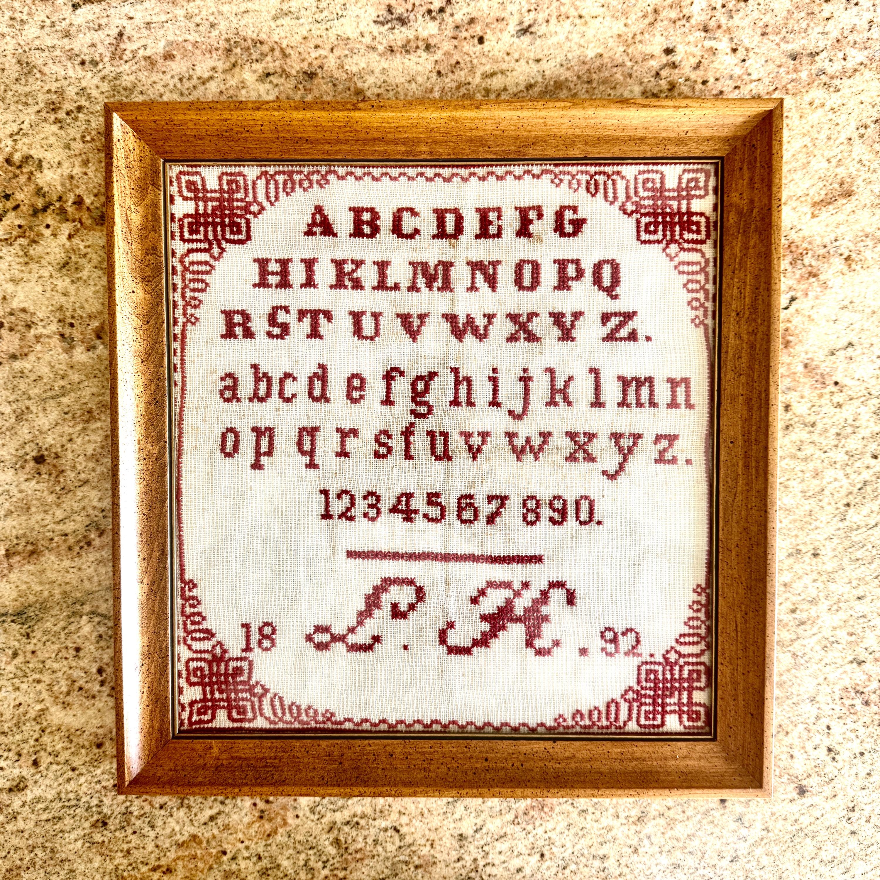 Vintage Framed Cross Stitch Sampler, Alphabet & Numbers, 1892