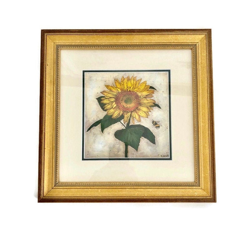 Custom Framed Sunflower Art Sunflower Wall Decor Sunflower Lithograph Signed S Hely Botanical Art Modern Farmhouse Decor