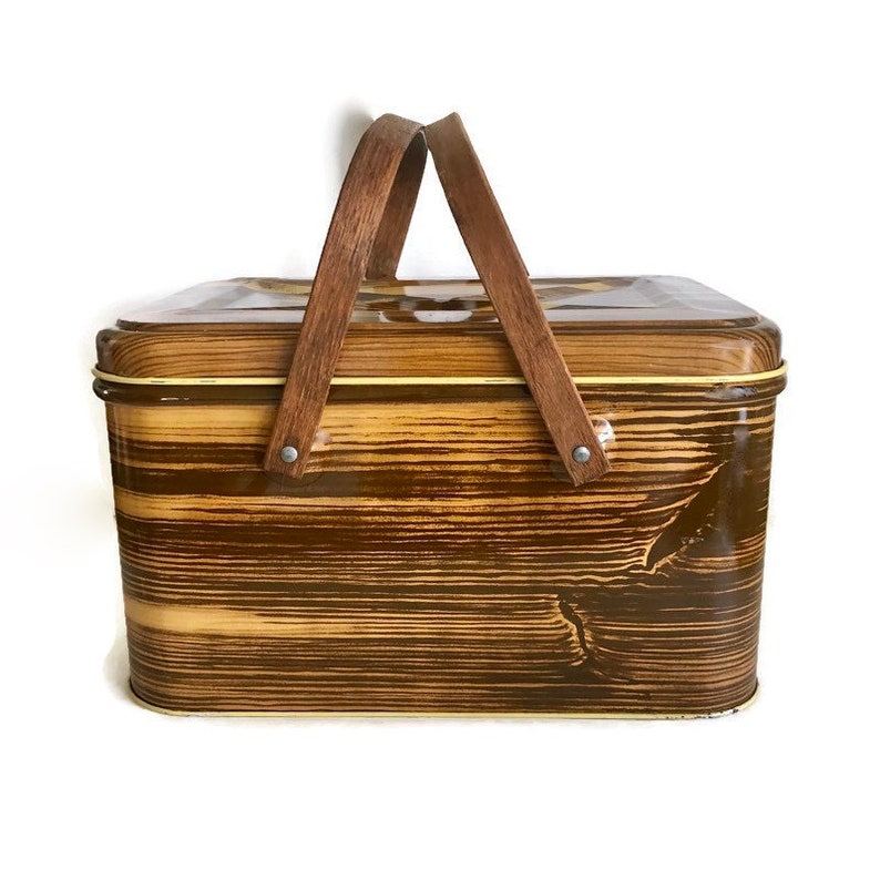Vintage Picnic Basket 1950s Tin Picnic Hamper Faux Wood Etsy