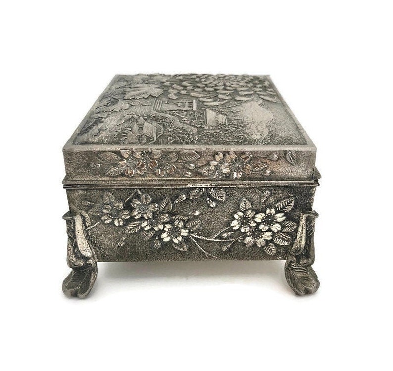Vintage Silver Jewelry Box Repouss\u00e9 Silver Box For Her Japanese Jewelry Box Embossed White Metal Jewelry Box Dresser Storage Box
