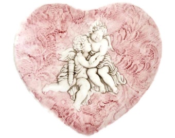 Italian Majolica Heart Dish 1980s | Cupid and Cherub | Italian Pink Lace Dish 8" | Trinket Dish | Shabby Chic | Cottage Chic | For Her