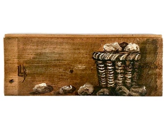 Rustic Still Life Painting | Basket of Potatoes on Reclaimed Barn Wood, Farmhouse Decor