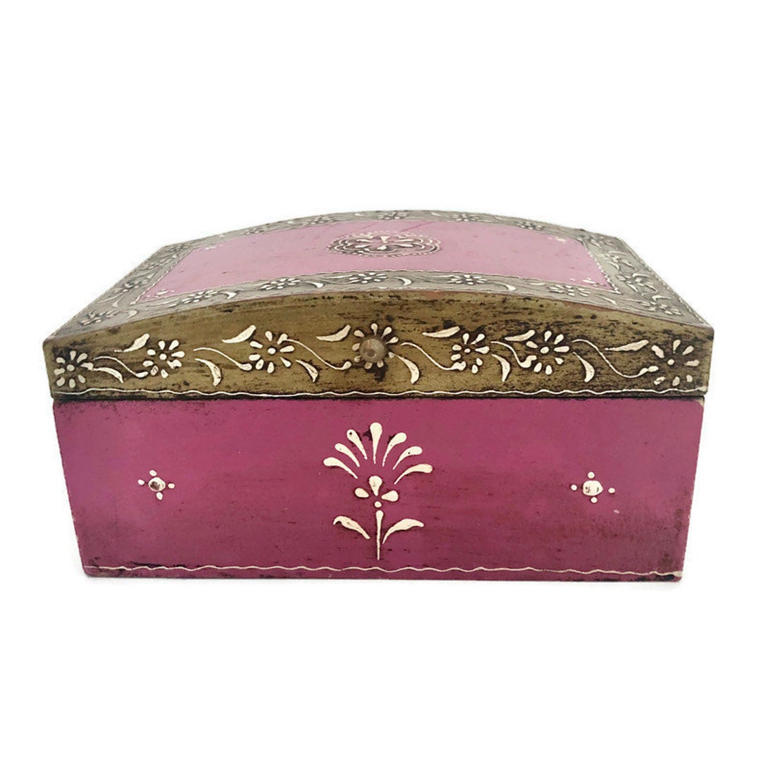 Boîte à Bijoux Ancienne Coffret En Métal Vintage - Intérieur Velours Rouge, Occasion