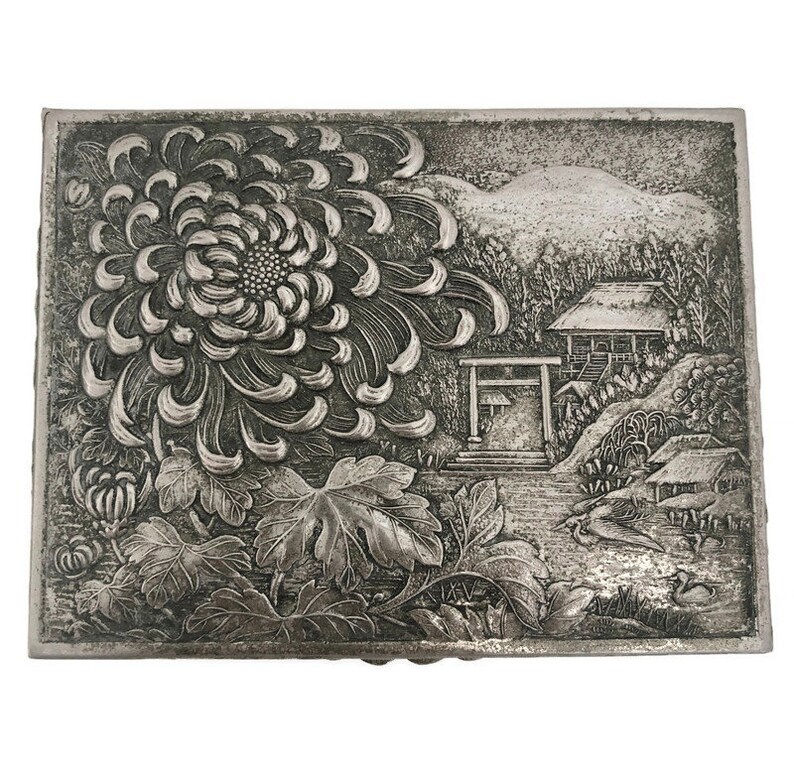 Vintage Silver Jewelry Box Repouss\u00e9 Silver Box For Her Japanese Jewelry Box Embossed White Metal Jewelry Box Dresser Storage Box