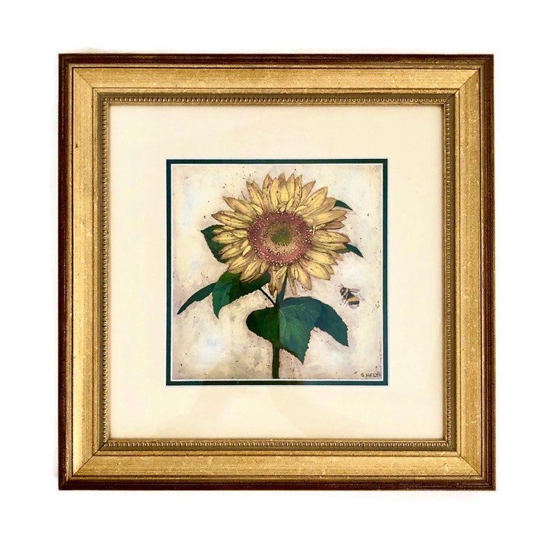 Custom Framed Sunflower Art Sunflower Wall Decor Sunflower Lithograph Signed S Hely Botanical Art Modern Farmhouse Decor