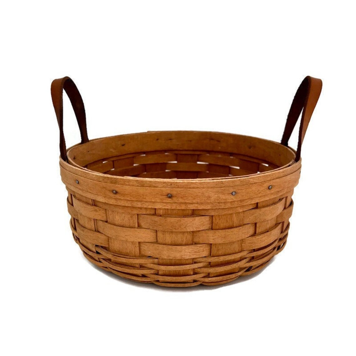 Longaberger Basket 1991 With Leather Handles Round Maple Etsy