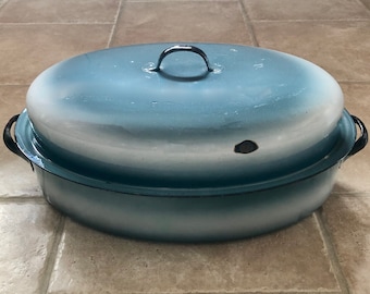 Blue Enamelware Covered Roaster | French Enamel Roasting Pan with Lid and Inner Tray | Oven Roaster | Enamel Cookware | Rustic Kitchenware