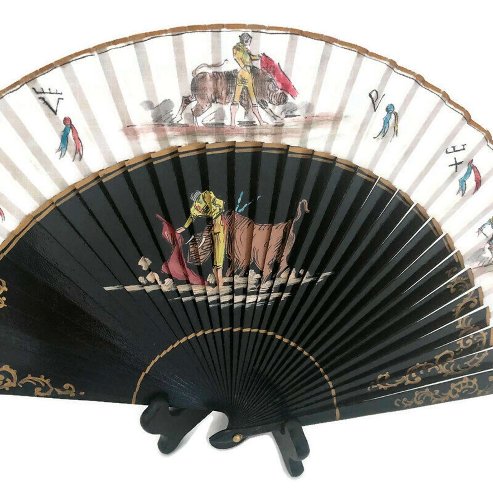 Spanish Folding Hand Fan Black Lacquer Folding Fan Etsy