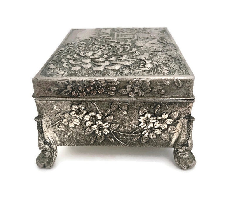 Vintage Silver Jewelry Box Repouss\u00e9 Silver Box For Her Japanese Jewelry Box Embossed White Metal Jewelry Box Dresser Storage Box