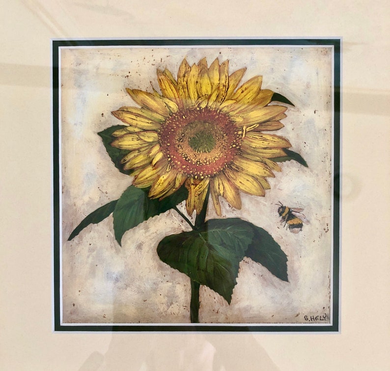 Custom Framed Sunflower Art Sunflower Wall Decor Sunflower Lithograph Signed S Hely Botanical Art Modern Farmhouse Decor