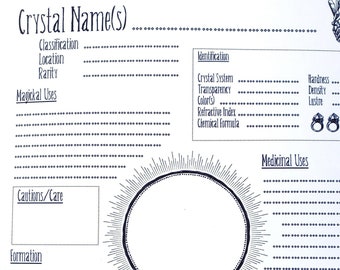 May include: A printable crystal identification chart with sections for crystal name, classification, location, rarity, magical uses, cautions, formation, deity, element, zodiac, chakra, planet, gender, identification, hardness, density, lustre, medicinal uses, and other notes. The chart has a blank space for a drawing of a crystal.