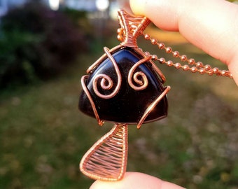 Black Obsidian Crystal Necklace, Mushroom Necklace, Witchy Jewelry, Protection Necklace