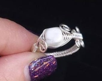 Natural Howlite Gemstone Ring, Wire Wrapped Crystal Jewelry