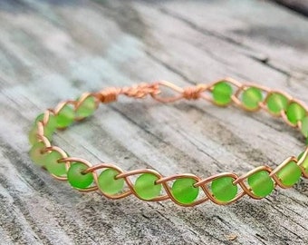 Green Glass Woven Copper Bracelet, Beaded Bangle Bracelet