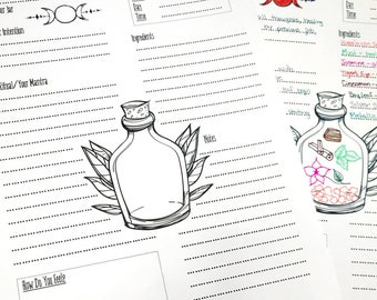 May include: White paper sheets with hand-drawn illustrations of potion bottles and botanical elements. The sheets include prompts for intentions, rituals, and ingredients, with the word "Positivity" written at the top of one sheet.
