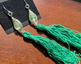 Green Glass Beaded Tassel Earrings, Long Boho Chic Statement Earrings