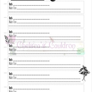 May include: A printable journal page with the title "My Herb & Plant Journal". The page has seven sections for listing herbs and their main uses. A black and white illustration of a mortar and pestle is at the top of the page. A black and white illustration of a basil plant is at the bottom of the page.
