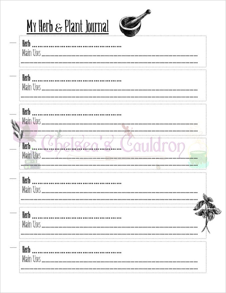 May include: A printable journal page with the title "My Herb & Plant Journal". The page has seven sections for listing herbs and their main uses. A black and white illustration of a mortar and pestle is at the top of the page. A black and white illustration of a basil plant is at the bottom of the page.