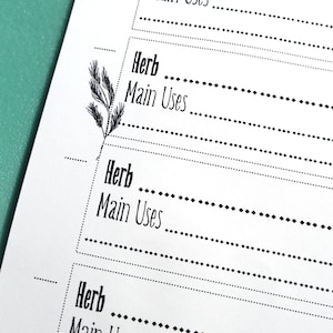 May include: A printable worksheet with four blank lines for listing herbs and their main uses. Each line has the word "Herb" and "Main Uses" printed in black text.