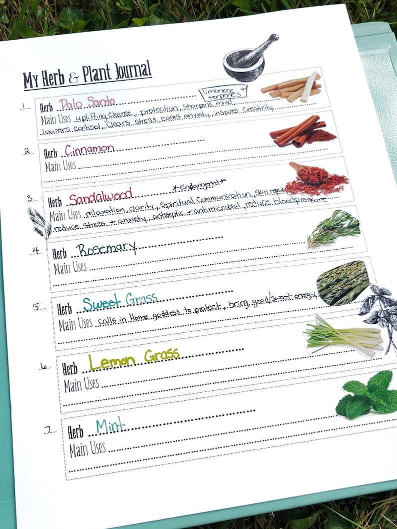 May include: A journal with a list of herbs and their main uses. The herbs include Palo Santo, Cinnamon, Sandalwood, Rosemary, Sweet Grass, Lemon Grass, and Mint. The journal has a handwritten title "My Herb & Plant Journal".