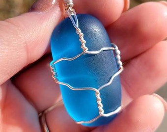 Blue Faux Sea Glass Pendant, Wire Wrapped Sea Glass Jewelry