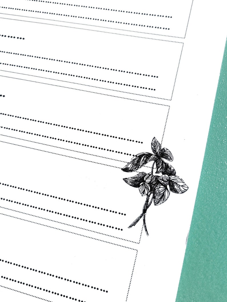 May include: A blank white page with dotted lines and a black and white illustration of a sprig of basil in the bottom right corner.