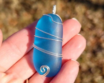 Blue Faux Sea Glass Wire Wrapped Pendant, Silver Sea Glass Jewelry
