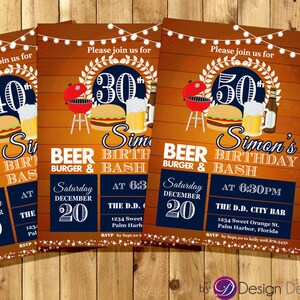 Adult Men Birthday Invitation. Burger, Beer, BBQ. String light,30th 40th 50th 60th any age. Printable. A1019 image 1