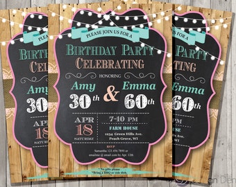 Adult Joint Birthday Invitation. Chalkboard.Country Chic. Shabby Chic , Pink and teal, Printable  #A1039