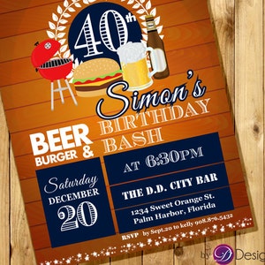 Adult Men Birthday Invitation. Burger, Beer, BBQ. String light,30th 40th 50th 60th any age. Printable. A1019 image 2