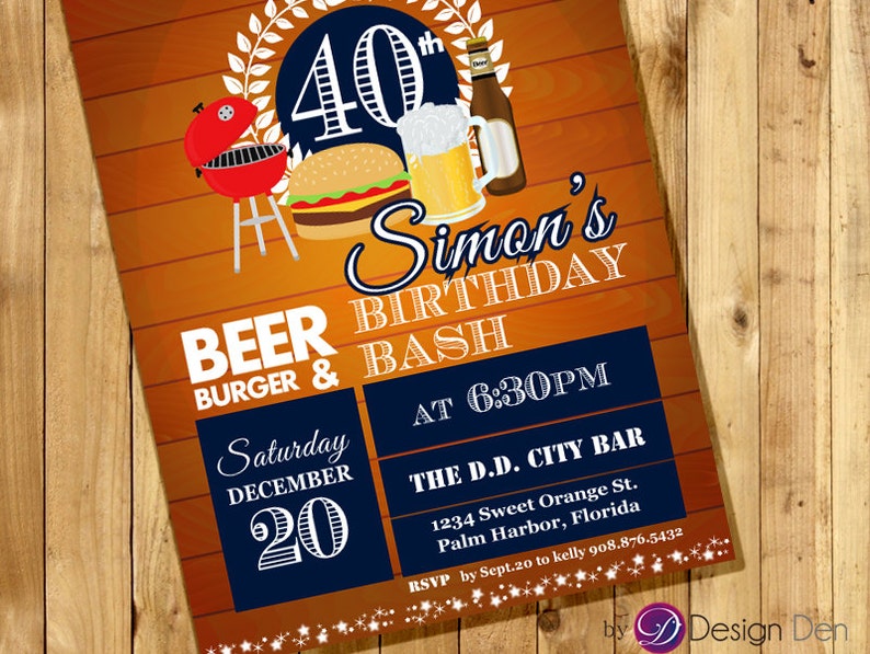 Adult Men Birthday Invitation. Burger, Beer, BBQ. String light,30th 40th 50th 60th any age. Printable. A1019 image 2