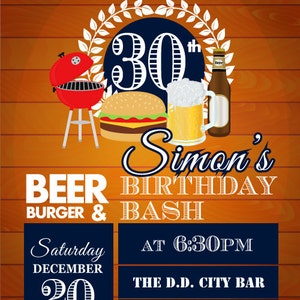 Adult Men Birthday Invitation. Burger, Beer, BBQ. String light,30th 40th 50th 60th any age. Printable. A1019 image 4