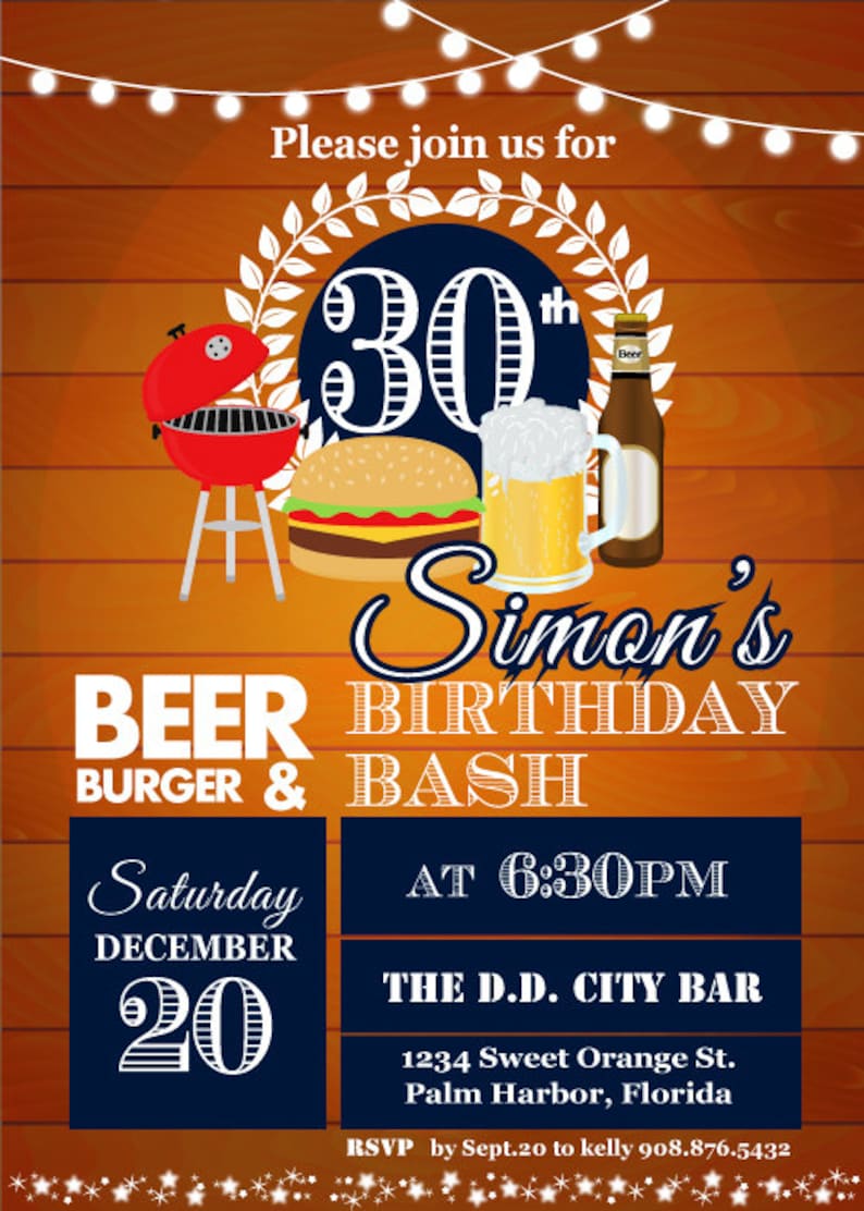 Adult Men Birthday Invitation. Burger, Beer, BBQ. String light,30th 40th 50th 60th any age. Printable. A1019 image 4