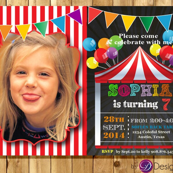 Custom Carnival, Circus Birthday party PHOTO Invitations.Chalk board/Kids/Printable/Digital #K1016