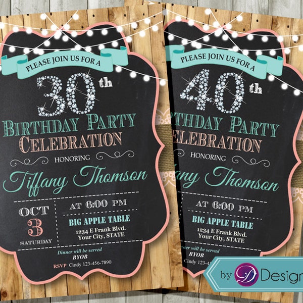 Women Birthday Country Chic style Invitation. Barn wood, Diamond, String light, Chalkboard. 30th 40th 50th 60th  any age. Printable. #A1051