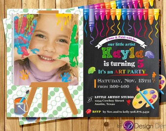 Personalize Art Party Birthday Photo Invitations. Chalk Board. Printable Digital. Paint, Crayon, Artist #K1005A