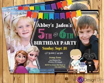 Frozen and Galaxy Wars joint Birthday party PHOTO Invitations. / Star Wars invites / Frozen invites/ Chalkboard/Printable Digital.#C1008